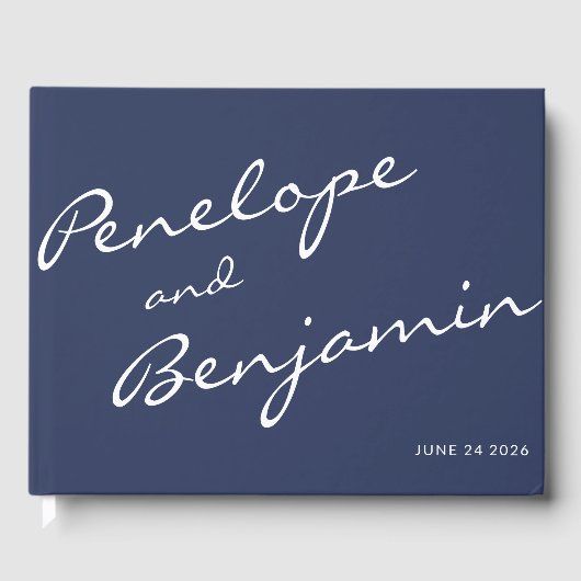 ミニマルNavy Blue Bohoスクリプト結婚のカスタム ゲストブック (正面)