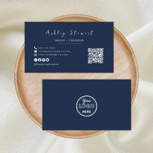 ミニマルQrコードプロフェッショナルロゴNavy Blue 名刺