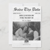 ミニマルQRコードヴィンテージ新聞写真結婚の セーブザデート (正面)