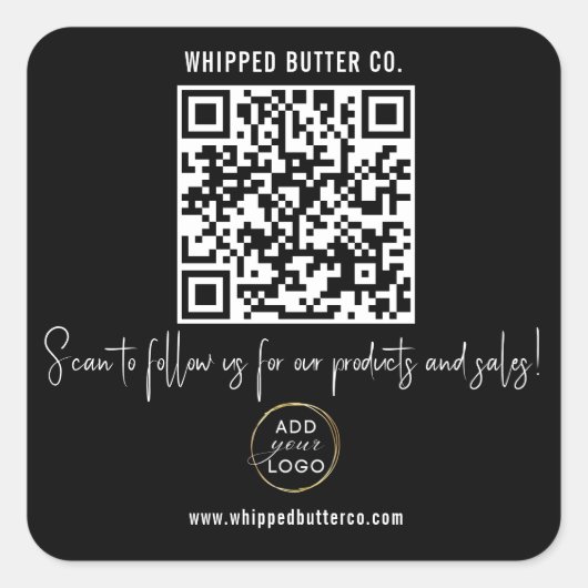 ミニマルQRコード+ロゴブラック後を追Us! スクエアシール (正面)