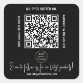 ミニマルQRコード+ロゴブラック後を追Us! スクエアシール (正面)