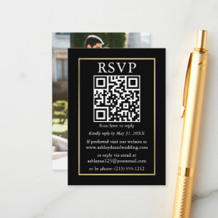 ミニマルQRフォト結婚の金ゴールドブラックRSVP エンクロージャーカード
