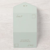 ミニマルSage Greenとフェイク金ゴールド書結婚の オールインワン招待状 (外側)