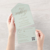 ミニマルSage Greenとフェイク金ゴールド書結婚の オールインワン招待状 (貼ってはがせる)