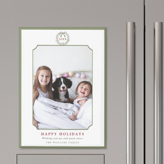 ミニマルSage Green & Red Happy Holidays写真 マグネット