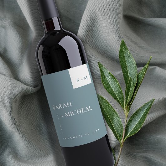 ミニマルSCANDI DUSKY BLUE GRAY MONOGRAM結婚's ワインラベル