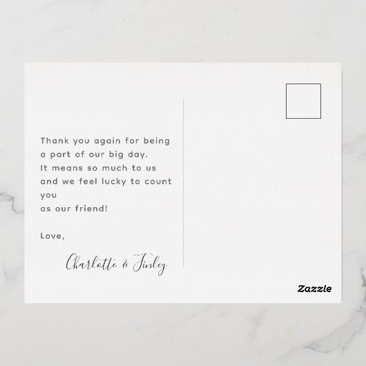 ミニマルScript Chicがパーソナライズされたお結婚礼 箔シーズンポストカード (裏面)