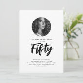 ミニマルScript Photo 50th誕生日白黒 招待状 (スタンド正面)