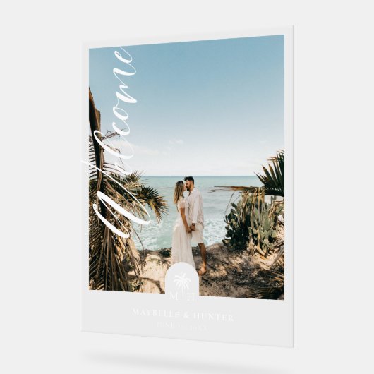 ミニマルScript Welcomeの結婚Photo Palm Monogram アクリルサイン (傾斜)