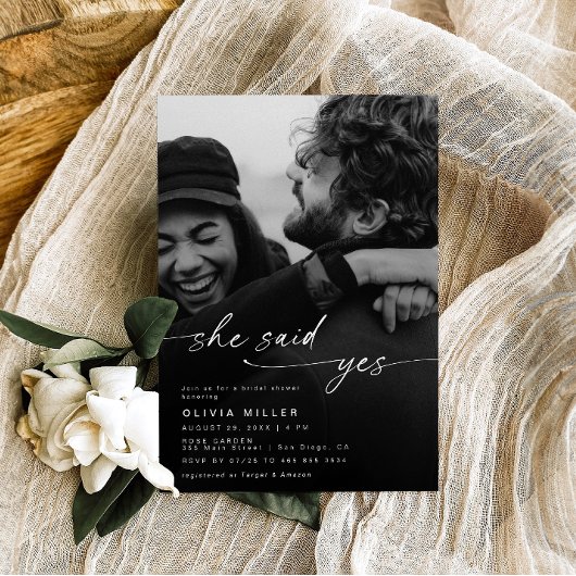 ミニマルShe言ったYesブライダルシャワー写真 招待状