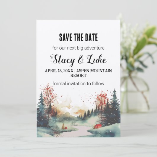 ミニマ素朴リストの山林の日付を保存 招待状 (スタンド正面)