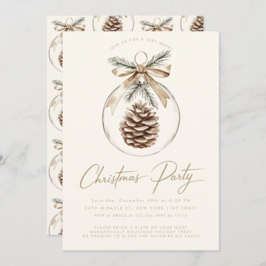 ミニマ素朴リストオーナメントバウブルクリスマスパーティー 招待状 (正面/裏面)