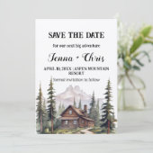 ミニマ素朴リストマウンテンキャビン日付を保存 招待状 (スタンド正面)