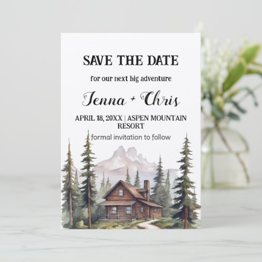 ミニマ素朴リストマウンテンキャビン日付を保存 招待状 (スタンド正面)