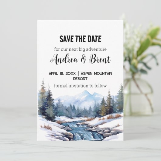 ミニマ素朴リストマウンテンレイク雪の日付を保存 招待状 (スタンド正面)