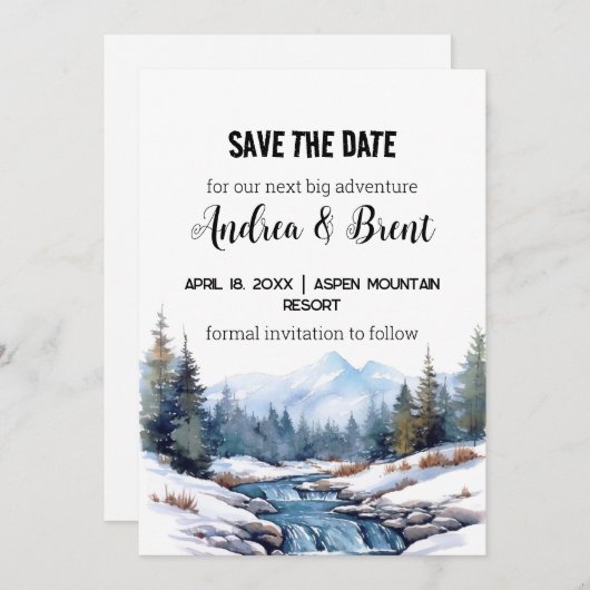 ミニマ素朴リストマウンテンレイク雪の日付を保存 招待状 (正面/裏面)