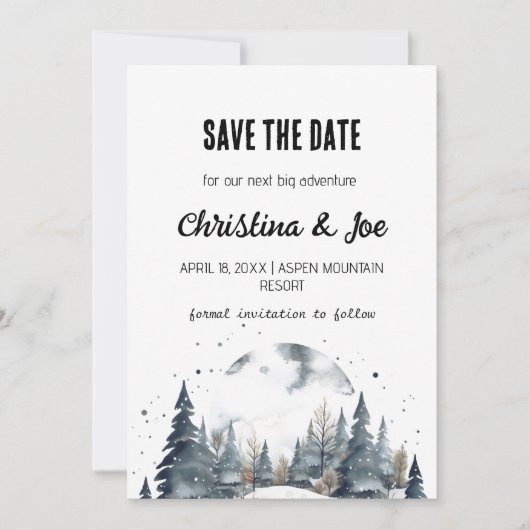 ミニマ素朴リスト雪の山の日付を保存 招待状 (正面)