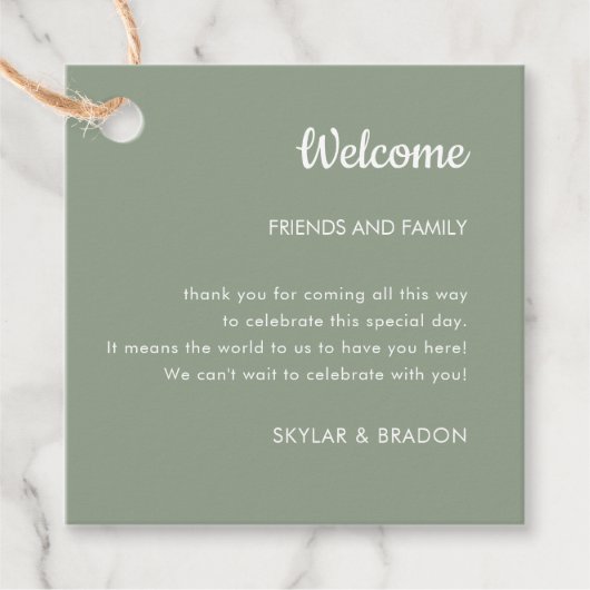 ミニマ結婚リストのセージ緑の歓迎ギフト フェイバータグ (正面)