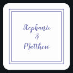 ミニマ結婚リストモダンのPeriwinkle スクエアシール<br><div class="desc">ミニマモダンリストでシックなデザイン結婚は、白い背景にペリウィンクルのブルーの二重枠を付けたモダンデザインに新郎新婦の名縁ど前を表す。そのモダンデザインはシンプルシックで。名前結婚を青いスクリプトで表示して、の詳細をパーソナライズする。このページのコレクションリンクを参照して、一致するすべてのアイテムを表示する別のリストで円として使用できる。質問やの要カスタム求はinvitationsuites@gmail.comに送りなさい。</div>