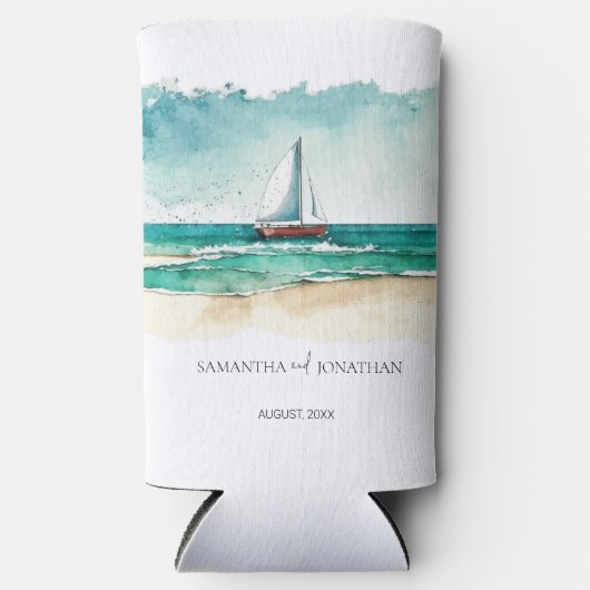 ミニマ航海のリスト水彩船クルーズウェディング スリム缶クーラー (正面)