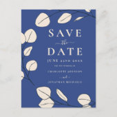 ミニマ葉ルモダンスタイリッシュス結婚・ブルー インビテーションポストカード (正面)