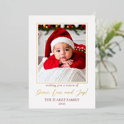 ミニマ赤と白リスト写真平和の愛と喜び 箔シーズンカード (立ち正面)