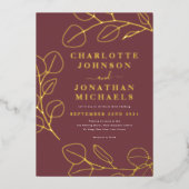 ミニマ離れリストのモダンスタイリッシュブルゴーニュと金ゴールド 箔招待状 (正面)