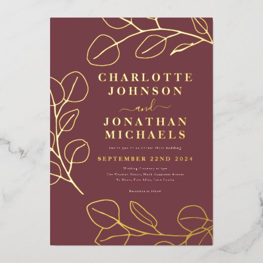 ミニマ離れリストのモダンスタイリッシュブルゴーニュと金ゴールド 箔招待状 (正面)