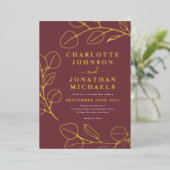 ミニマ離れリストのモダンスタイリッシュブルゴーニュと金ゴールド 箔招待状 (立ち正面)
