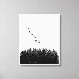 ミニマ飛んでいるリストゲーゼとパインツリーモノクロ キャンバスプリント