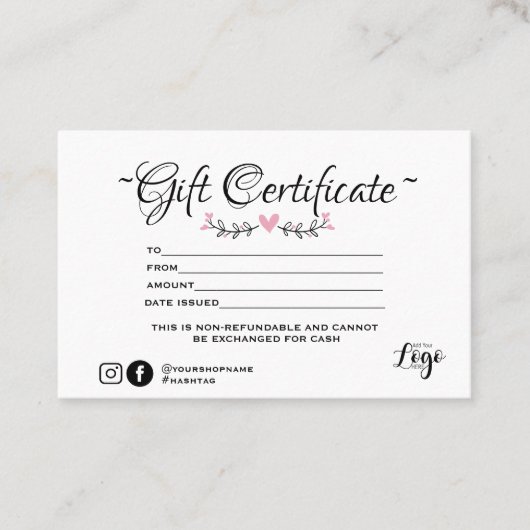 ミニモダンマリストのピンクハートギフト券 名刺 (正面)