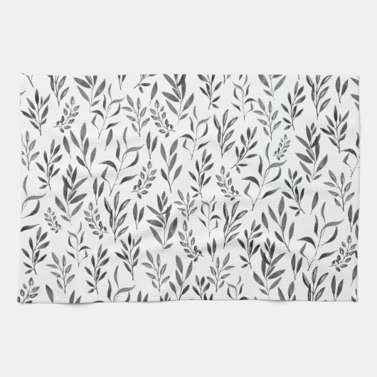 ミニモダンマリストの白黒葉  キッチンタオル (横)