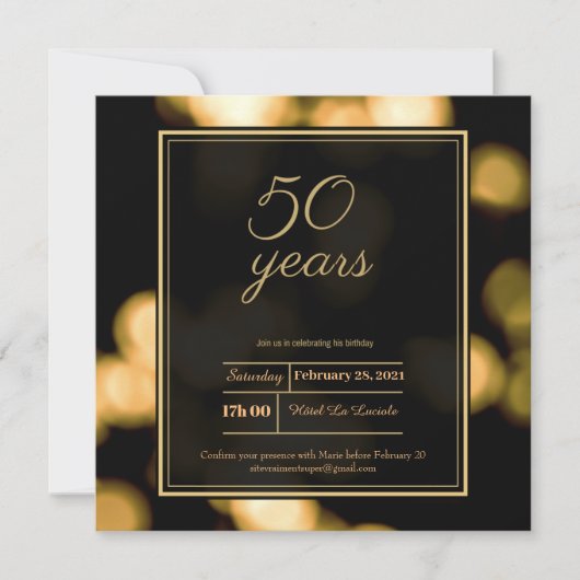 ミニモダンマリストの黒と金ゴールド50歳の誕生日の請求書 招待状 (正面)
