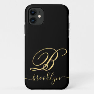 ミニモダンマリストの黒金ゴールドモノグラムの名 iPhone 11 ケース