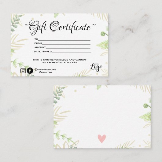 ミニモダンマリストグリーンファーンギフト券 名刺 (正面/裏面)
