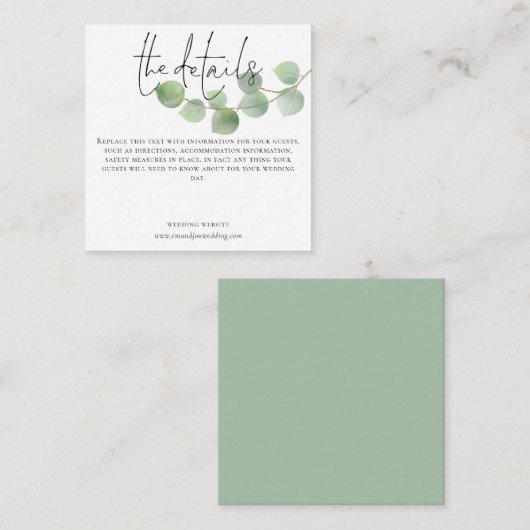 ミニモダンユーカリ結婚の詳細スクリプト エンクロージャーカード (正面/裏面)