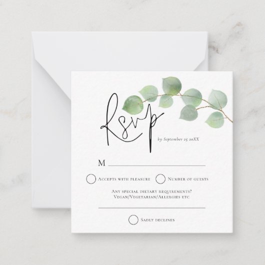 ミニモダンユーカリ結婚式RSVPエンクロージャ ノートカード (正面)