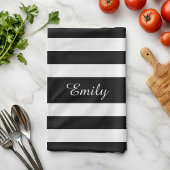 ミニリストブラック&ホワイトストライプパターン名プリント キッチンタオル