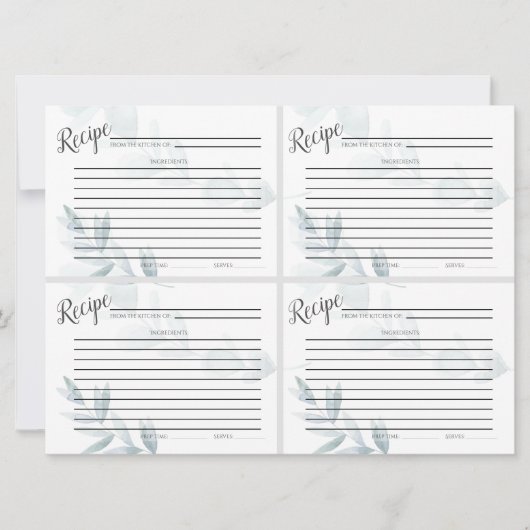 ミニレシピカード | ダスティブルーウォーターカラーユーカリ 招待状 (正面)