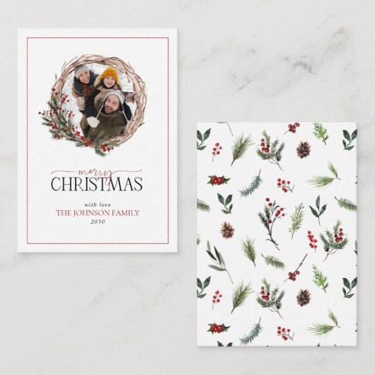 ミニレッドベリーフォトリースメリークリスマス ノートカード (正面/裏面)