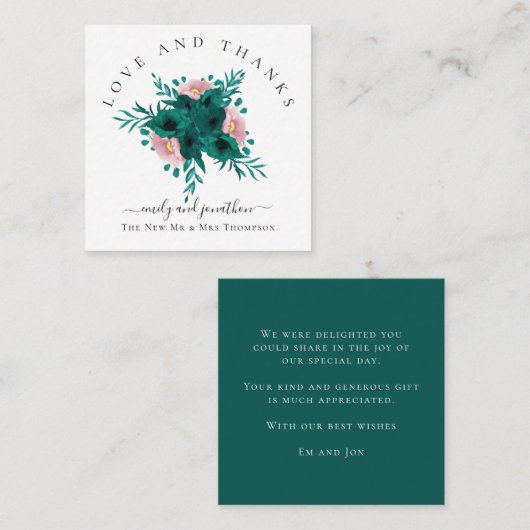 ミニ花模様エメラルドピンクサンキュー結婚ズ ノートカード (正面/裏面)