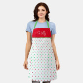 ミニ赤と緑の水カラー水玉模様 エプロン (着用した状態)