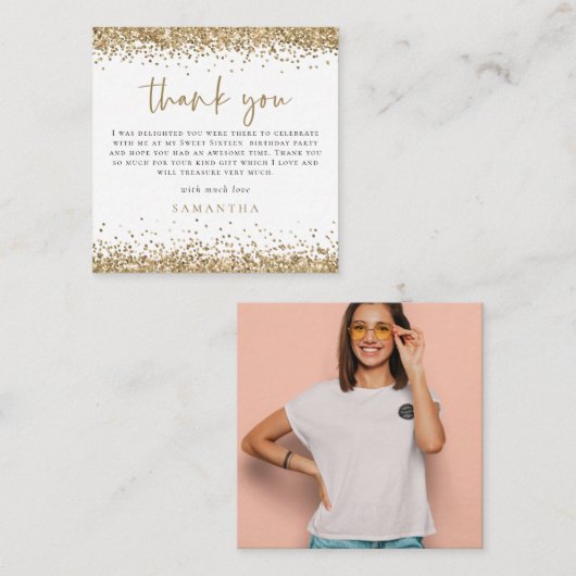 ミニ金ゴールドグリッターフォトSweet sixteenありがとう ノートカード (正面/裏面)
