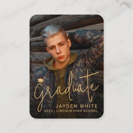 ミニ金ゴールドモダンスクリプトフォト卒業招待状 エンクロージャーカード (正面)