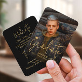 ミニ金ゴールドモダンスクリプトフォト卒業招待状 エンクロージャーカード