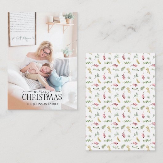 ミニ金ゴールド冬の緑メリークリスマスフォト ノートカード (正面/裏面)