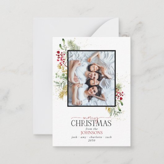 ミニ金ゴールド冬の緑メリークリスマスフォト ノートカード (正面)