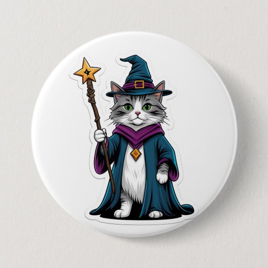 ミニ魔法使い猫と魔法の杖のボタン 缶バッジ (正面)