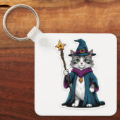 ミニ魔法使い猫のキーチェーン 魔法の杖を持つ キーホルダー (正面)