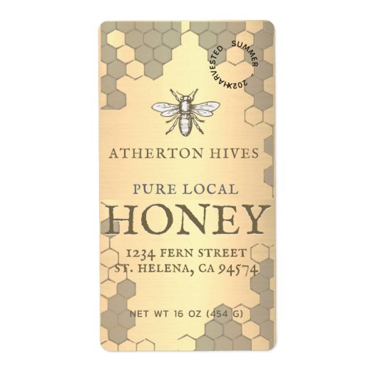 ミニ2"x 3.75インチ金ゴールドハニーラベル（Heraldic Bee搭載） ラベル (正面)